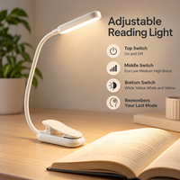 Lampe de lecture LED rechargeable à clip avec batterie 500 mAh, 3 modes d'éclairage, 5 niveaux de luminosité et fonction de mémoire de mode