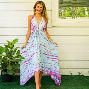 Vestido Maxi Tie Dye de Diseño Novedoso y Moderno, Multicolor con Patrón Sólido, Estilo Lindo, Sin Mangas, de Lino, Cintura Natural, Ideal para Vacaciones - Product Image 1