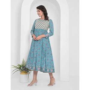Vestido Anarkali Largo de Algodón con Estampado Azul, Cintura Imperio, Estilo Boho, Transpirable, Personalizable, ODM Gratuito para Uso Casual o de Noche - Product Image 3