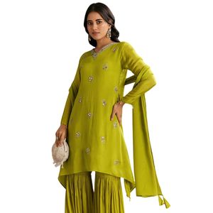 Chinon verde Kurta Sharara asimmetrico con Dupatta unico Designer etnico vestito per matrimoni - Product Image 2