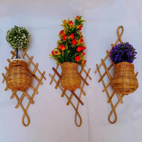 Cesta de Mimbre Natural Hecha a Mano, Florero de Pared Art Deco, Decoración Tejida con Patrón Escénico, Multifuncional para Hogar y Oficina
