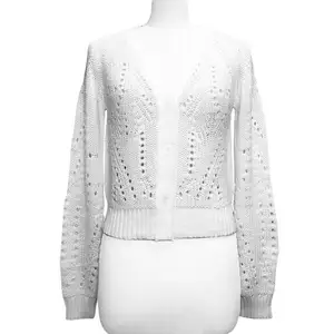 Primavera e Verão Novas Mulheres Personalizado Pima Algodão Openwork Malha V Pescoço Manga Comprida Cardigan Camisola Com Botão