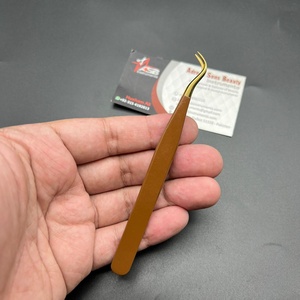 Pinces à épiler pour extensions de cils en acier inoxydable japonais durable ASB Instruments, couleur or brun, pointes en fibre pour volume de cils, crochet - Product Image 1