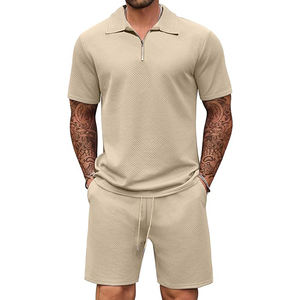 Tenues de sport de jogging athlétique kaki léger et respirantes pour hommes ensemble de 2 pièces polo à fermeture éclair et short survêtement - Product Image 2