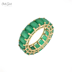 14K oro amarillo sólido bandas de la eternidad clásico Octágono corte verde esmeralda anillo de boda May Birthstone aniversario regalos IGI joyería - Product Image 4