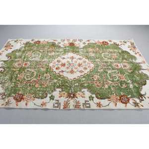 Tapis vintage, tapis turc 5,1x8,3 pieds, tapis en laine vert et blanc à imprimé animal - Product Image 2