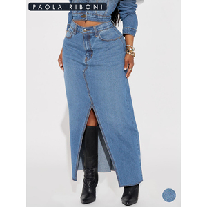 Paola Riboni Light Wash Denim Maxi <b>Skirt</b> with Front Slit High Waist A-Line Autumn <b>Winter</b> Spring Women's <b>Skirt</b> - Product Image 1