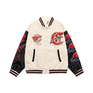 High Street hommes Baseball veste Vintage floqué broderie Patchwork Varsity veste en cuir PU manches Hip Hop Couple ample - Product Image 2