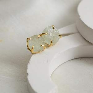 8-10mm Raw Aquamarine Stone Gold Plated Prong Set <b>Stud</b> <b>Earrings</b> Handmade Birthstone Dainty Minimalist Jewelry for Women - Product Image 1