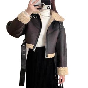 Chaquetas de Motociclista Personalizadas para Mujer, Abrigos de Moda con Forro de Lana y Piel, Elegantes, con Cinturón y Cremallera, Talla Grande, Abrigo de Cuero - Product Image 1