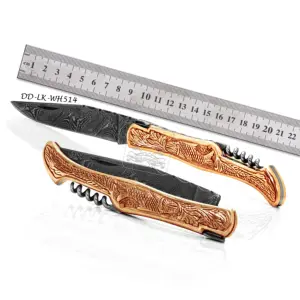 批发大马士革钢拉吉奥勒口袋刀DD-LK-WH514雕刻不锈钢，黄铜和铜制牛皮手柄