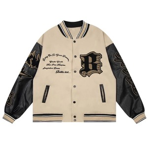 Hommes Femmes Flamme Bomber Veste Toile Américain Vintage Patchwork Cuir Lettre Broderie Coupe-Vent Surdimensionné Streetwear - Product Image 4