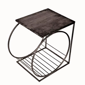 Curved Iron Frame Side Table with Round Magazine Rack Open <b>Shelf</b> Modern Black Finish Nightstand - Product Image 2