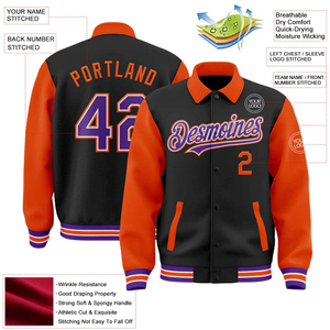 Veste universitaire personnalisée pour hommes, veste bomber noire et orange avec logo brodé, nom et numéro - Product Image 2