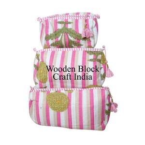 Set of 3 Handstitched Cotton <b>Quilted</b> Pouches Traditionally Crafted, Custom Logo Printed <b>Quilted</b> Pouch Made from Eco Cotton - Product Image 1