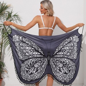 3 Colors Embossed Butterfly Print 100% Polyester Beach Wrap Tassel Hem <strong>Swimwear</strong> Strappy Backless Shawl <strong>Cover</strong> <strong>Ups</strong> - Product Image 1