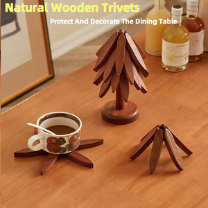 Natural <b>Wooden</b> Coaster Set of 4 With Tree Design Includes Stackable <b>Trivets</b> For Hot Dishes And Table Use From India - Product Image 6