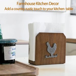 Servilletero para mesa, granja para cocina, soporte de gallo de madera y metal, servilletero de papel rústico - Product Image 5