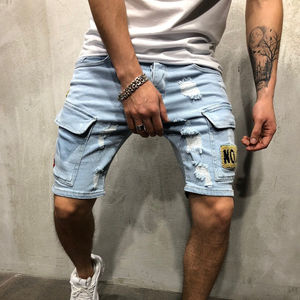 Short en denim de coton de haute qualité pour hommes avec broderie vieillie et décoration streetwear vintage 100% coton - Product Image 5