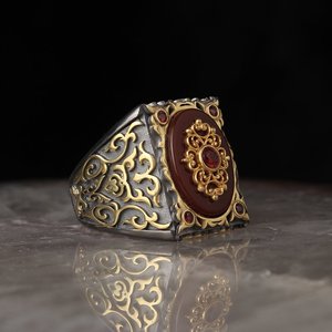 Bague pour homme de style ottoman 925 sterling vintage de style turc. Rhodium et or, placage bicolore - Product Image 1