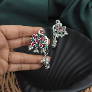 High Quality Traditional Jhumki Style Oxidised Peacock Stud Earrings Geometric Pattern <b>Indian</b> Supplier Wholesale Jewelry - Product Image 5