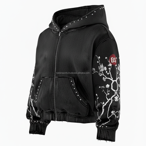 Sweat à capuche zippé en polaire lourde 460 GSM couleur noire intérieure douce avec panneau de manches florales logo strass personnalisé option sweats à capuche de base - Product Image 4