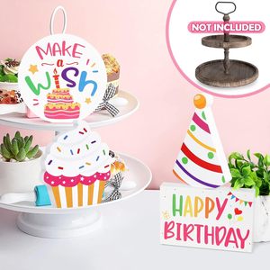 Decoración de Bandeja Escalonada para Cumpleaños, Letrero de Madera para Celebración, Artículos Coloridos para Fiesta de Cumpleaños, Centro de Mesa para Pastel de Cumpleaños con Mensaje de Deseos - Product Image 6