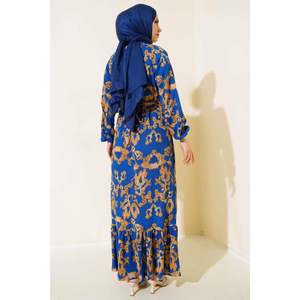 Vestido de Crepé con Cinturón y Estampado Mixto, Color Índigo - Product Image 1