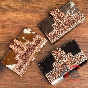 Wholesale hand-tooled leather long bifold wallet with Art Deco engraving