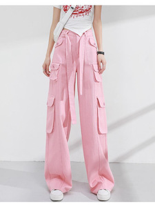 Streetwear taille haute braguette zippée deux tons patchwork bords bruts fonctionnel cargo poches jambes larges baggy jeans pour femmes - Product Image 2