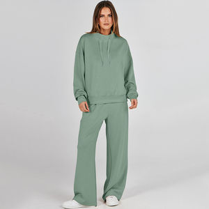 Conjunto Deportivo de 2 Piezas para Mujer, Personalizado, Transpirable, de Invierno, en Spandex/Algodón, con Sudadera con Cordón y Pantalones Anchos con Bordado - Product Image 1