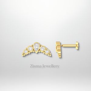 ต่างหูเม็ดกลมรูปขอบเพชร5เม็ดสำหรับผู้หญิงขายส่งทอง14K เครื่องประดับเจาะทะลุธรรมชาติได้รับการรับรองภายใน - Product Image 1