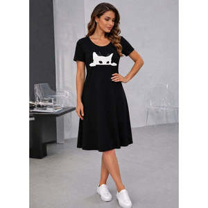 Robe courte en viscose à manches courtes et col rond pour femme, imprimé chat, 37499 - Noir - Product Image 3