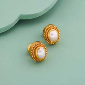 <b>Silver</b> Temple Vintage Trendy Religious <b>Stud</b> and Hoop Earrings 162785 Stainless Steel Brass with Pearl Bezel Setting Hook Shape - Product Image 6