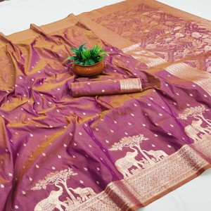 Sari de Seda Banarasi Suave VASTRA COTTAGE, Tejido con Hilo Zari en Toda la Superficie, Diseño de Cisne, Borde de Cisne con Tejido Zari y Blusa de Seda - Product Image 3