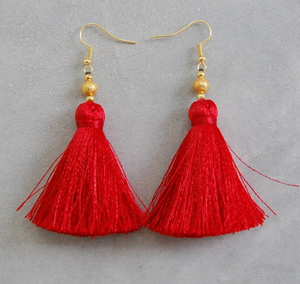 Silky <b>Red</b> Tassel <b>Earrings</b> Fringe Tassel <b>Earrings</b> - Gold - Long - Product Image 2