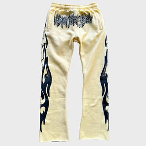 2024 Men's Vintage Streetwear Stretch Distress Trousers Custom Printed Breathable 100% Cotton Flare Pants Flat <b>Drawstring</b> Casual - Product Image 6