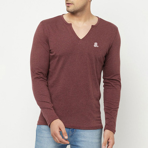 T-shirt en coton à manches longues pour homme, col en V, logo personnalisé, t-shirt à manches longues pour homme, col en V - Product Image 1