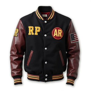 แจ็คเก็ตบอมเบอร์สไตล์วาร์ซิตี้ แขนหนัง ผลิตจากโรงงานโดยตรง รับผลิตตามแบบ OEM สไตล์เรโทร สำหรับนักเรียน/นักศึกษา กันน้ำ กันลม เหมาะสำหรับขี่มอเตอร์ไซค์ - Product Image 6