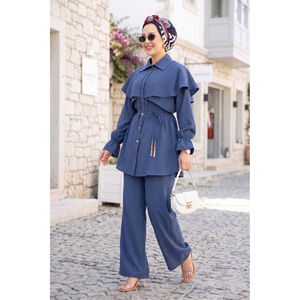 Ensemble Tunique et Pantalon en Crêpe Boutonné Style Cape Bleu Marine, Motif Uni Tricoté, Taille Unique (XS) pour Printemps/Été Automne - Product Image 1