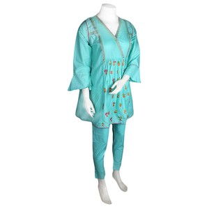 Traje de Algodón de 2 Piezas Bordado para Mujer - Cian - Product Image 1