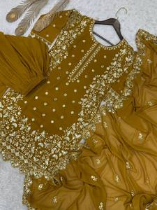 Cousu Sharara Gharara indien broderie travail traditionnel ethnique 3 pièces ensemble Georgette soie hiver été mariage Diwali - Product Image 4