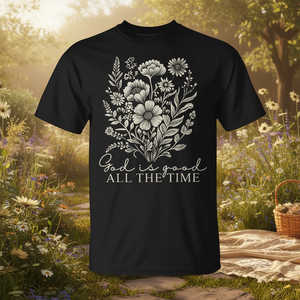 T-Shirt Vintage Boho Floreale con Scritta 'God Is Good All the Time', Abbigliamento Cristiano Promozionale di Alta Qualità - Product Image 3