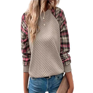 Sudadera informal de cuello redondo de manga larga empalmada a cuadros de diamantes de moda para mujer europea y americana 2025 - Product Image 4
