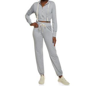Women's Custom Cotton Fleece Jogger Set 2-Piece Solid Pattern <b>Sweat</b> Suits with Crop <b>Top</b> Hoodie and Winter Sweatpants - Product Image 5