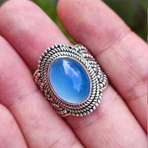 925 Sterling Silver <b>Statement</b> <b>Ring</b> Handmade Natural Chalcedony Oval Gemstone Moon Inlay May Birthstone Silver Birthstone <b>Ring</b> - Product Image 3