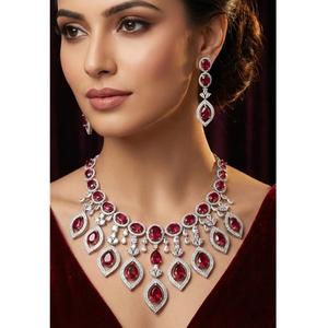 Conjunto de Collar y Aretes con Acabado Plateado de Alta Calidad y Piedras de Circonita Cúbica, Estilo Moderno, para Bodas y Fiestas, Colección para Mujer - Product Image 1