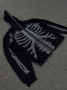 Nueva ropa de calle logotipo personalizado calavera Halloween Sudadera con capucha de gran tamaño esqueleto grueso cremallera completa sudaderas con capucha hombres de alta calidad - Product Image 3