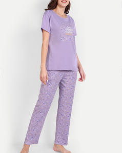 Conjunto de pijama estampado de algodón puro cómodo de fábrica de alta calidad para mujer, Top y pantalones de manga larga con cuello redondo - Product Image 3