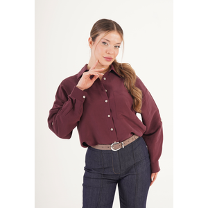 Lustrin Minimal Soft Striped Burgundy Women's Modal Blend Long Sleeve <b>Blouse</b> Shirt for Wholesale Boutiques - Product Image 2